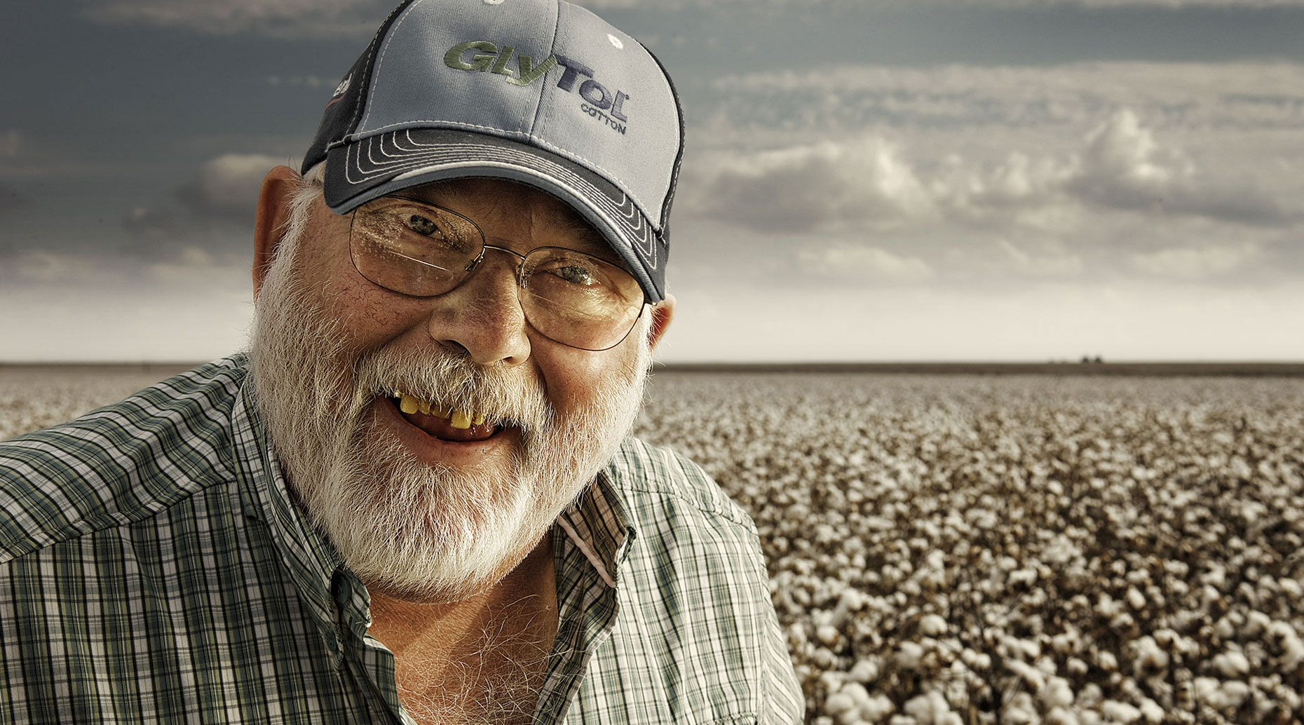 Old agronomist in a cotton field in West Texas.