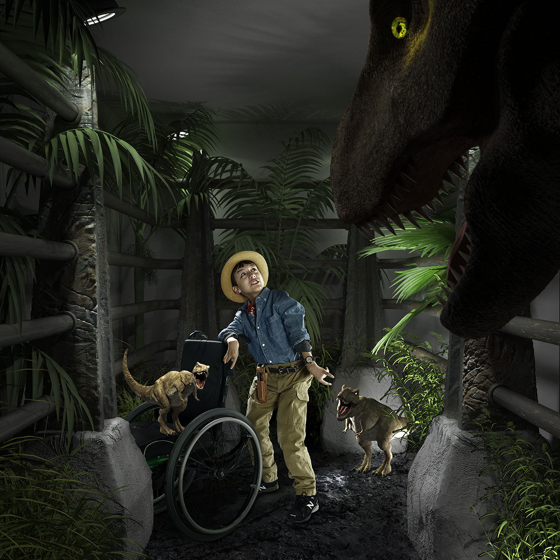 Young boy surrounded by dinosaurs
